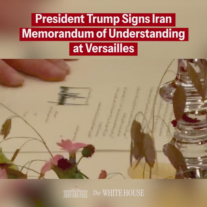 USA President, Donald  Trump SIGNING the historic Iran peace deal at Versailles! 

The Memorandum of...