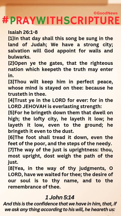 #PrayWithScriptureTodaysBibleReading
Isaiah 26:1-8
[1]In that day shall this song be sung in the lan...