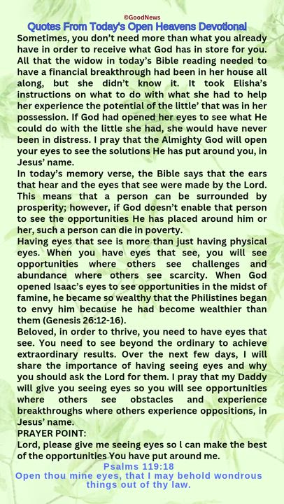 #QuoteFromTodaysOpenHeaven
Read through and follow the steps and action points. Be inspired, love Go...