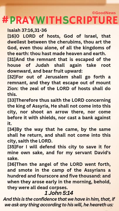 #PrayWithScriptureTodaysBibleReading
Isaiah 37:16,31-36
[16]O LORD of hosts, God of Israel, that dwe...