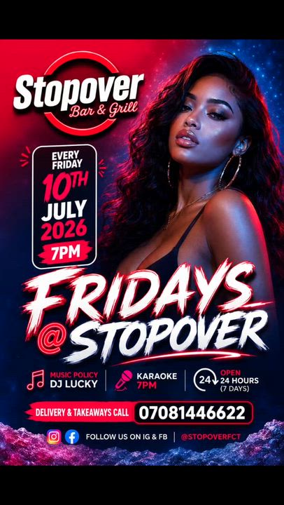 *🎉 FRIDAY'S @ STOPOVER🔥* 

 *Good Food 🍽️ | Ice Cold Drinks 🍹 | Great Vibes 🎶* 

🎧 In-House DJ...