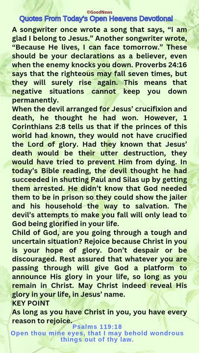 #QuoteFromTodaysOpenHeaven
Read through and follow the steps and action points. Be inspired, love Go...