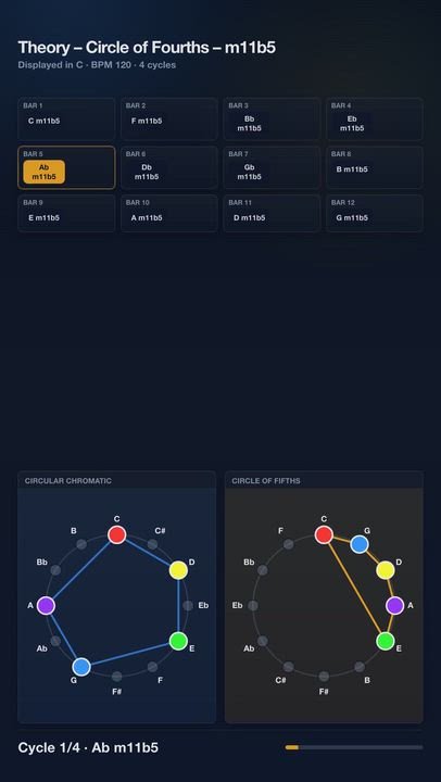 Theory – Circle of Fourths – m11b5 | Harmony Progression Grid

A JolyMusic harmony video showing the...