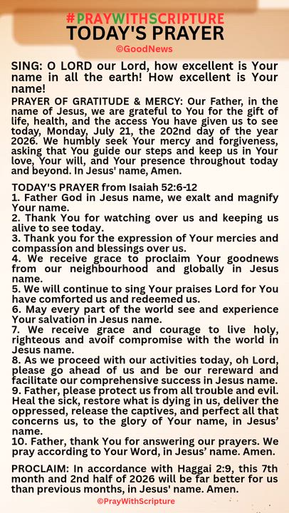 #PrayWithScriptureTodaysPrayer 
TODAY'S PRAYER from Isaiah 52:6-12
1. Father God in Jesus name, we e...