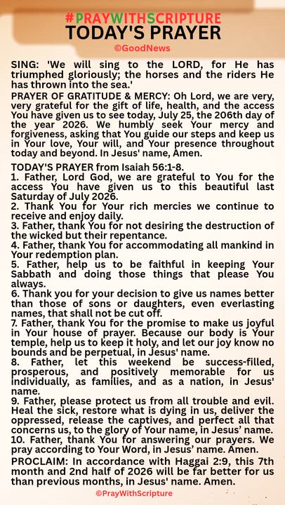 #PrayWithScriptureTodaysPrayer 
TODAY'S PRAYER from Isaiah 56:1-8.
1. Father, Lord God, we are grate...