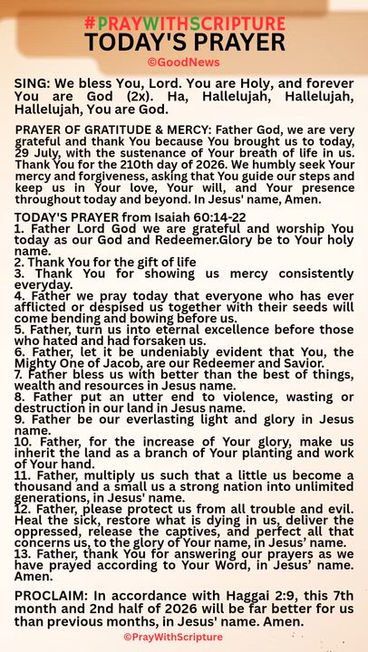 #PrayWithScriptureTodaysPrayer 
TODAY'S PRAYER from Isaiah 60:14-22
1. Father Lord God we are gratef...