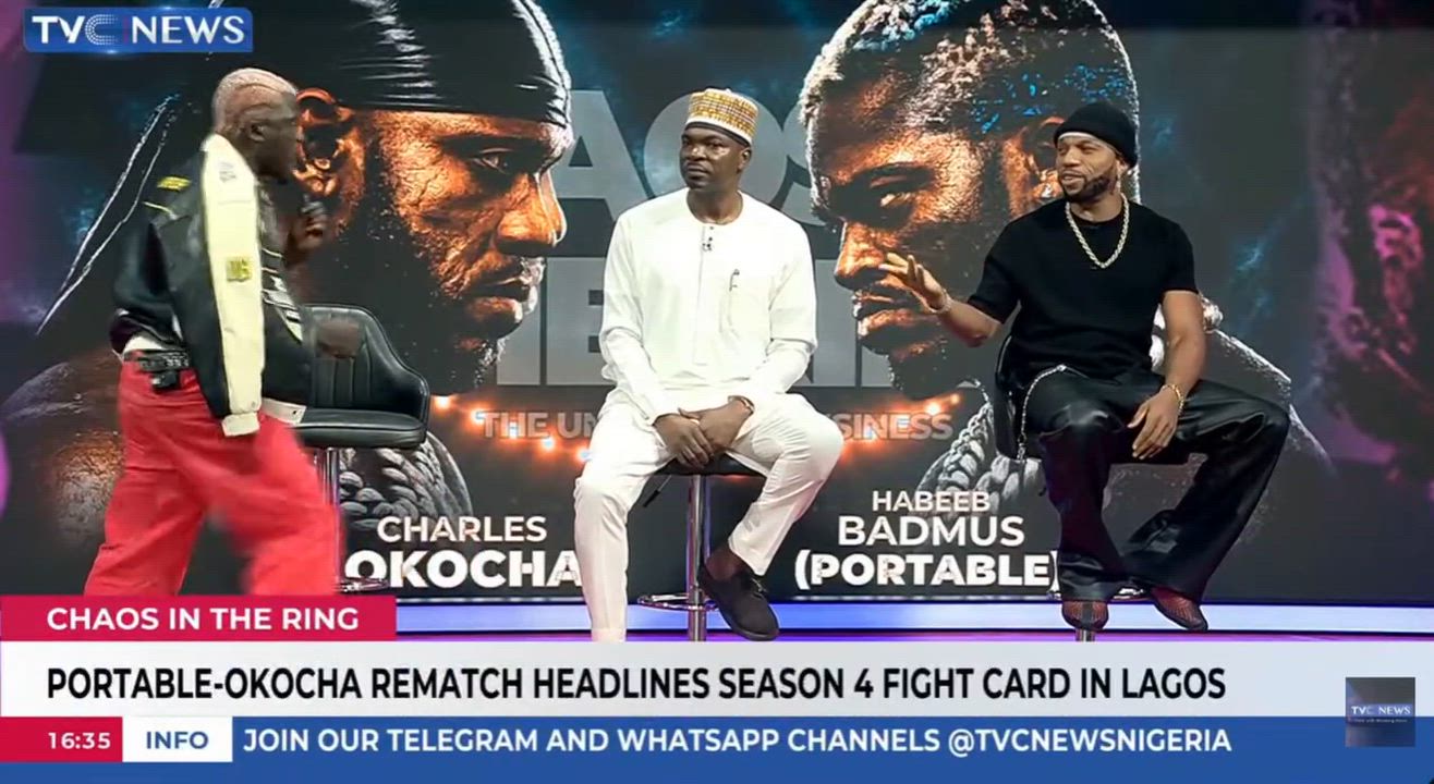 Wahala ad Portable disrupts studio face-off interview with Charles Okocha ahead of bout.
