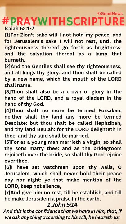 #PrayWithScriptureTodaysBibleReadingAndPrayer
PRAYER from Isaiah 62:1-7
1. Oh Lord our God, Who dwel...