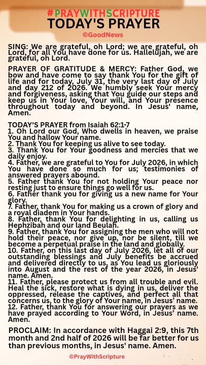 #PrayWithScriptureTodaysPrayer 
TODAY'S PRAYER from Isaiah 62:1-7
1. Oh Lord our God, Who dwells in...