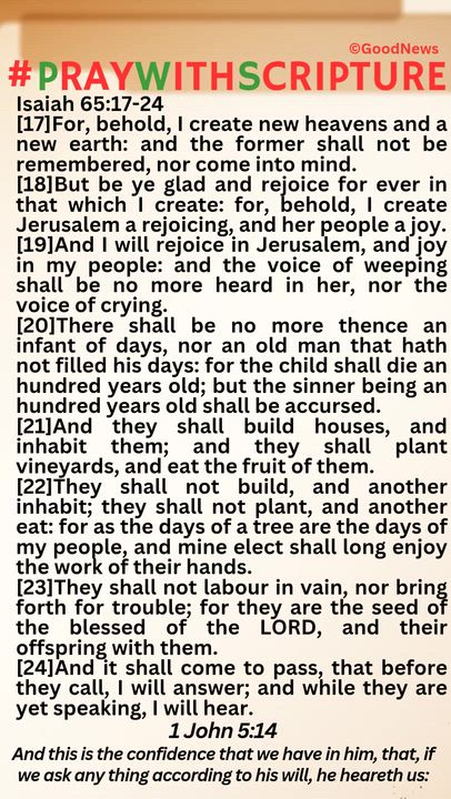 #PrayWithScriptureTodaysBibleReadingAndPrayer
TODAY'S PRAYER from Isaiah 65:17-24
1. Father in the n...