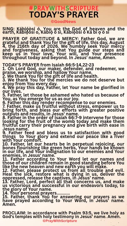 #PrayWithScriptureTodaysPrayer 
TODAY'S PRAYER from Isaiah 66:5-14,22-23
1. Oh Lord God, our maker,...