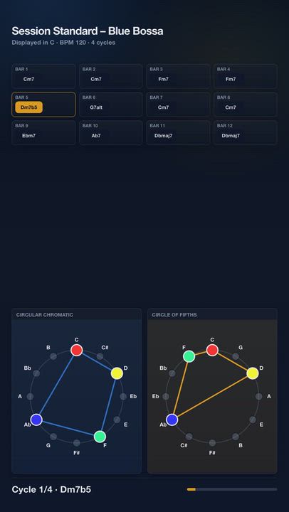 Session Standard – Blue Bossa | Harmony Progression Grid

A JolyMusic harmony video showing the chor...