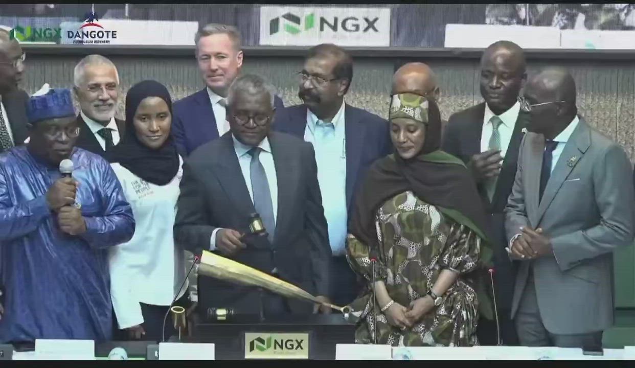 Aliko Dangote sounds the NGX gong as the Dangote Refinery IPO goes live, marking the first refinery...