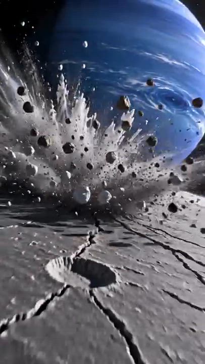 A high speed fragment slams into triton, blasting ice and debris across Neptune 's blue backdrop.