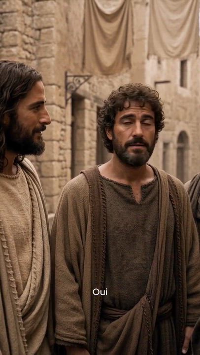 Show Peter returning with the coin while Jesus watches peacefully. End with a beautiful view of Jesu...