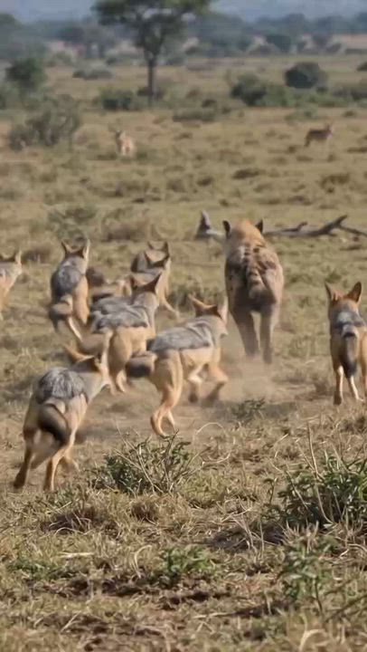 Outnumbered on the Savannah.
‎
‎
‎A spotted hyena carrying a young antelope is suddenly surrounded b...
