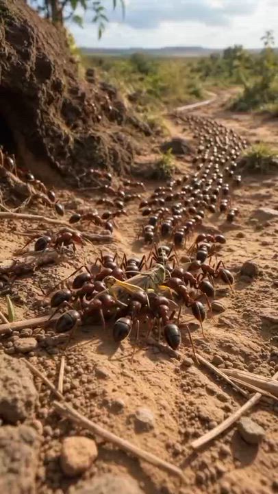Title: When Army Ants Hunt as One.

Thousands of army ants move as one coordinated force, surroundin...