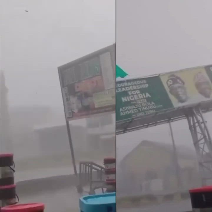 Watch moment heavy rainfall destroys billboard in Sagamu, Lagos State.
