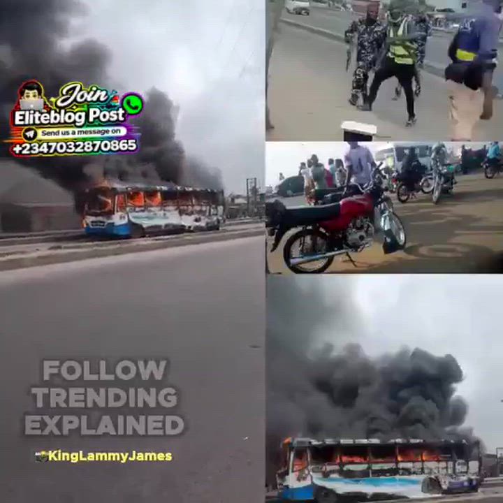 Happening Now: Angry mob set a BRT bus ablaze and ass/aulted the driver, after he crushed a motorcyc...