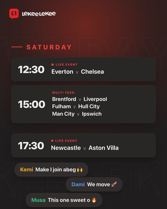 LekeeLekee Live. SIX Events. 
Sat to Mon.

Full coverage of the EPL Match Week 7.

Cash Pot? Back So...