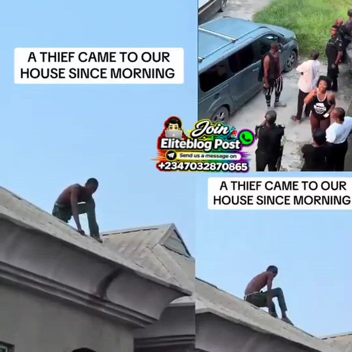 Drama this morning at a compound in Lagos State as a suspected thief climbed a two-storey building t...